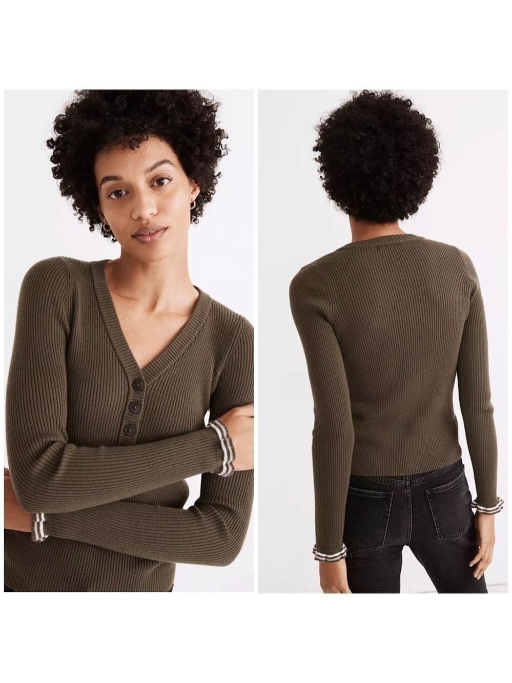 MADEWELL Green Ruffle Cuff Henley Sweater